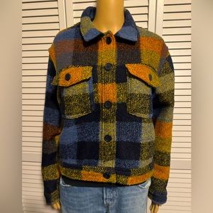 SALE House of Harlow 1960 size M blue plaid button up wool blend coat women NWT